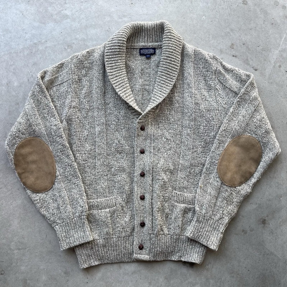 Vintage Land's End Sweater Men's Sz L Fisherman Elbow Patch Cardigan Made In USA